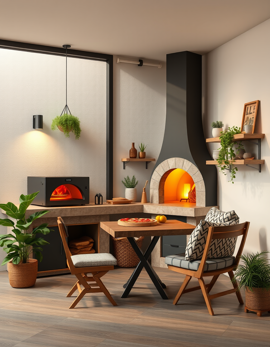 Interior Design idea: AI interior design, cohesive furniture layout decor and lighting, photorealistic interior render, Mobile esterno per forno per pizza con ripiano per i