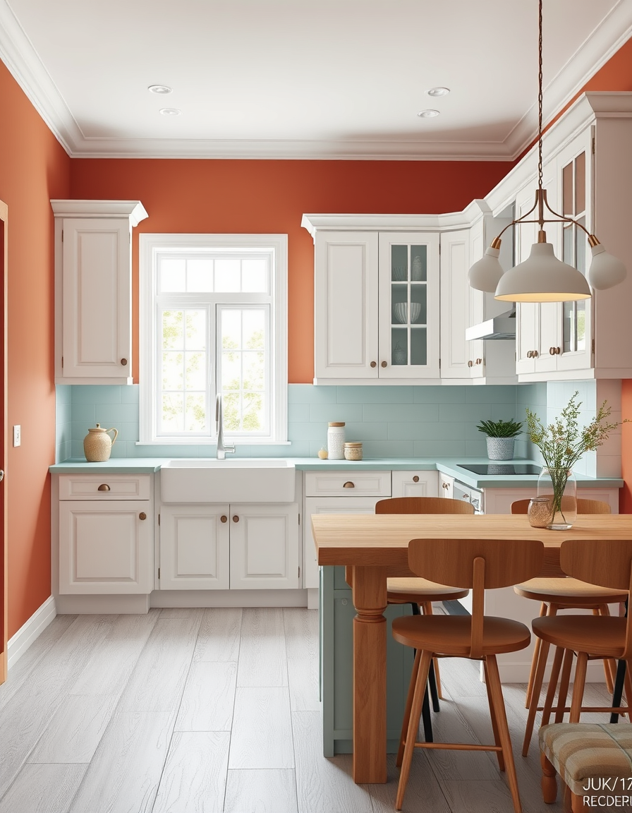 Paint Color idea: room repainted in a new wall color from the photo, accurate paint finish, photorealistic interior render, White cupboards with sea-green countertops a