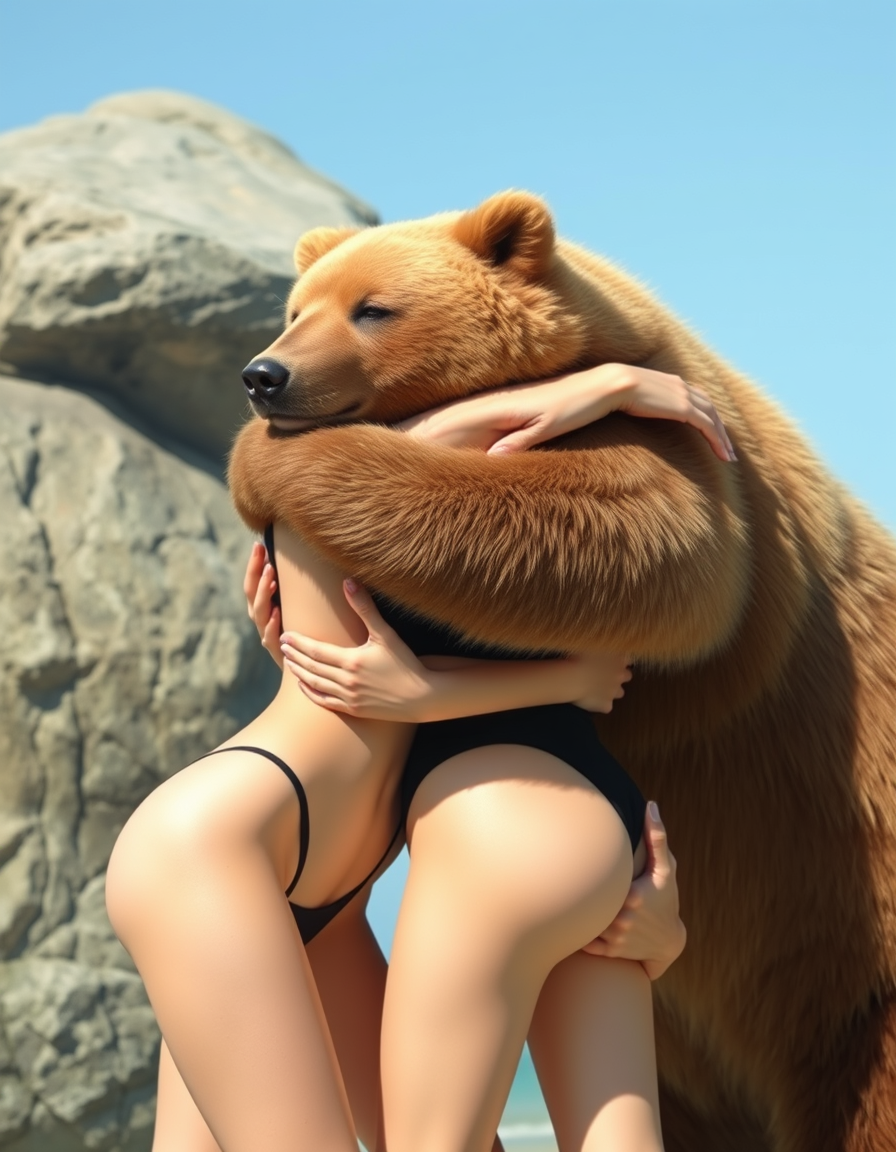 Main painting studio: two girls with a nice body are bear hugging each othe with a swim suit