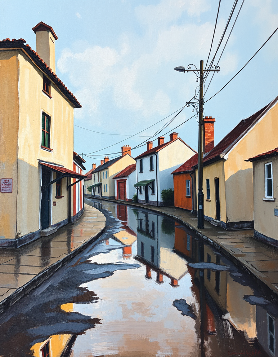 Main painting studio: A traditional handmade painting of a quiet street after rain, with small houses and puddles reflecting the sky. Loose brush strokes, uneven buildings,