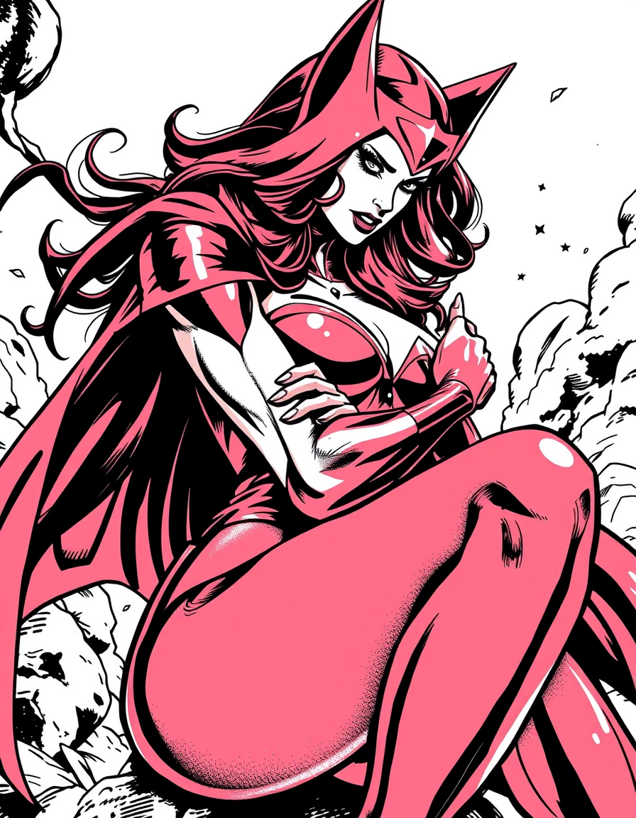 Comic Art idea: comic art, bold ink lines, halftone shading, dynamic composition, Scarlet witch clutching her thigh because she hit it hard , graphic novel illustrati