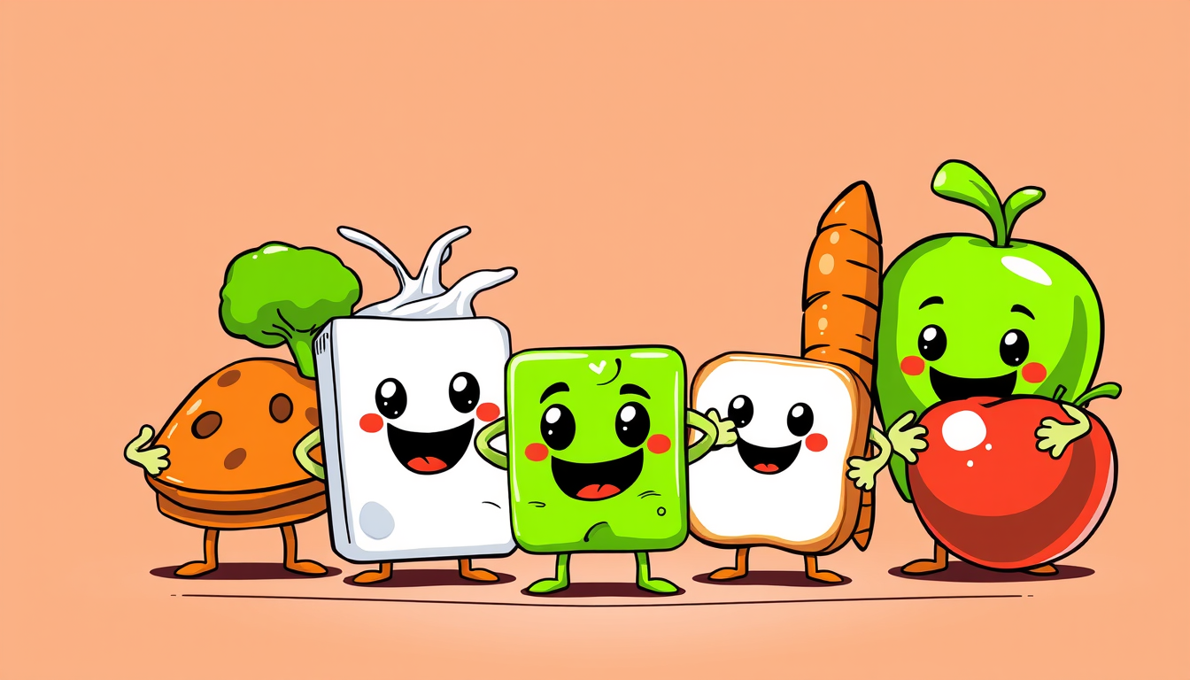 Comic Art idea: comic art, bold ink lines, halftone shading, dynamic composition, Pixar-style 3D animated banner for a puzzle game: no text, cute smiling food charact