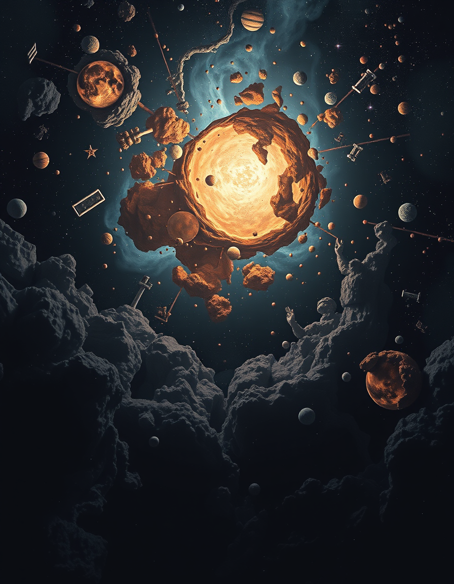 Main painting studio: creation before the creation of the world a vast darkness of uncreated matter that does not have the laws of physics yet, things converging and collid