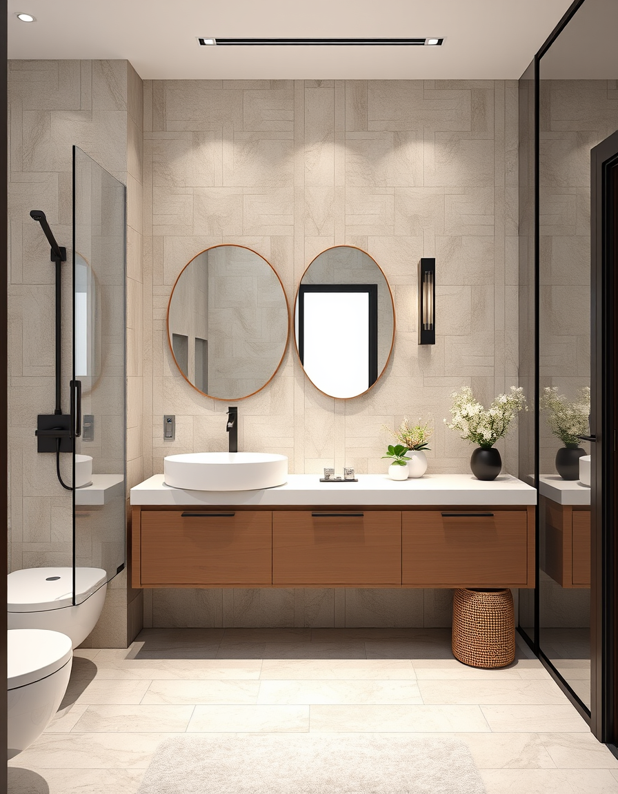 Bathroom Design idea: AI bathroom design, tiled surfaces vanity and fixtures, photorealistic interior render, 海岸風格浴室，白色木牆板，海玻璃磁磚，天然編織裝飾 , bathroom remodel visualization
