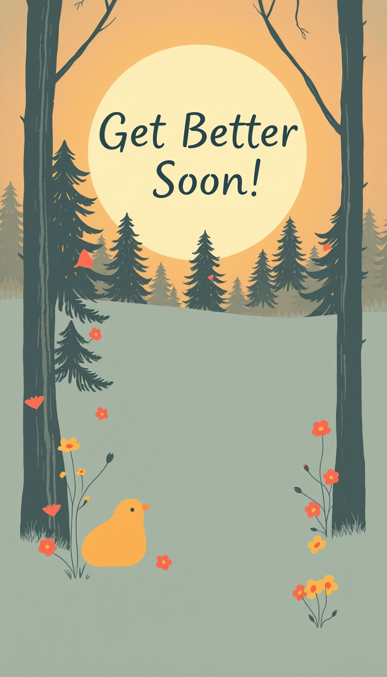 Greeting Cards idea: greeting card design, warm illustration, space for message, Generate an image with the phrase "Get Better Soon" across the top , printable greeting ca