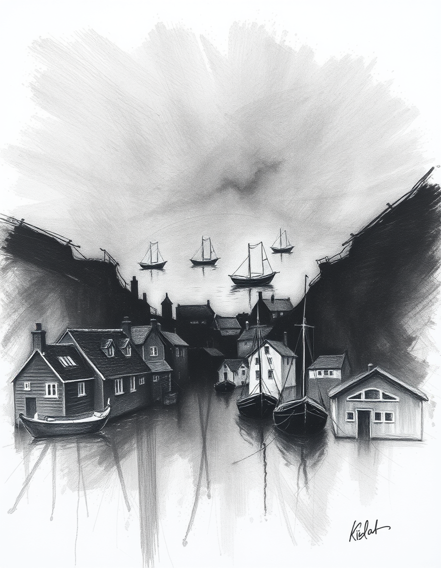 Charcoal Drawing idea created from the prompt: charcoal drawing, high contrast, sketchy lines, dramatic shadows, a small fishing village at dawn , charcoal on paper, fine art drawing