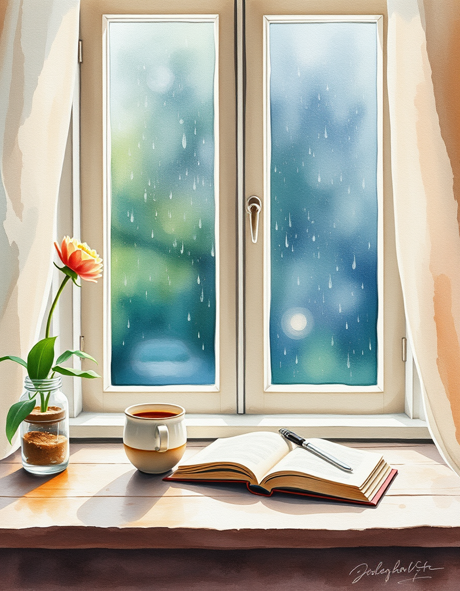 Picture Into Watercolor idea: turn picture into watercolor, transparent washes, paper texture, soft pigment edges, A beautiful window under house coffee and book put on table and o