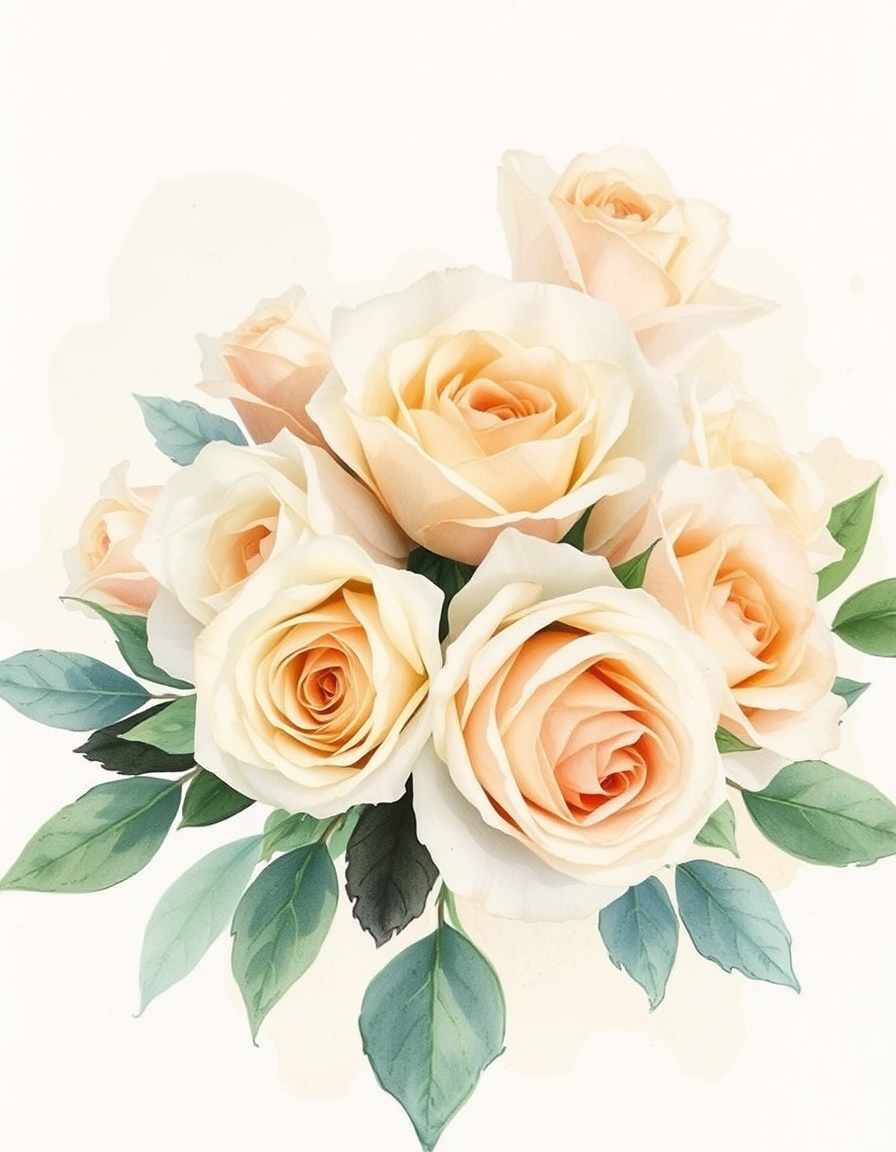 Picture Into Watercolor idea: turn picture into watercolor, transparent washes, paper texture, soft pigment edges, A wedding bouquet picture turned into transparent watercolor wash