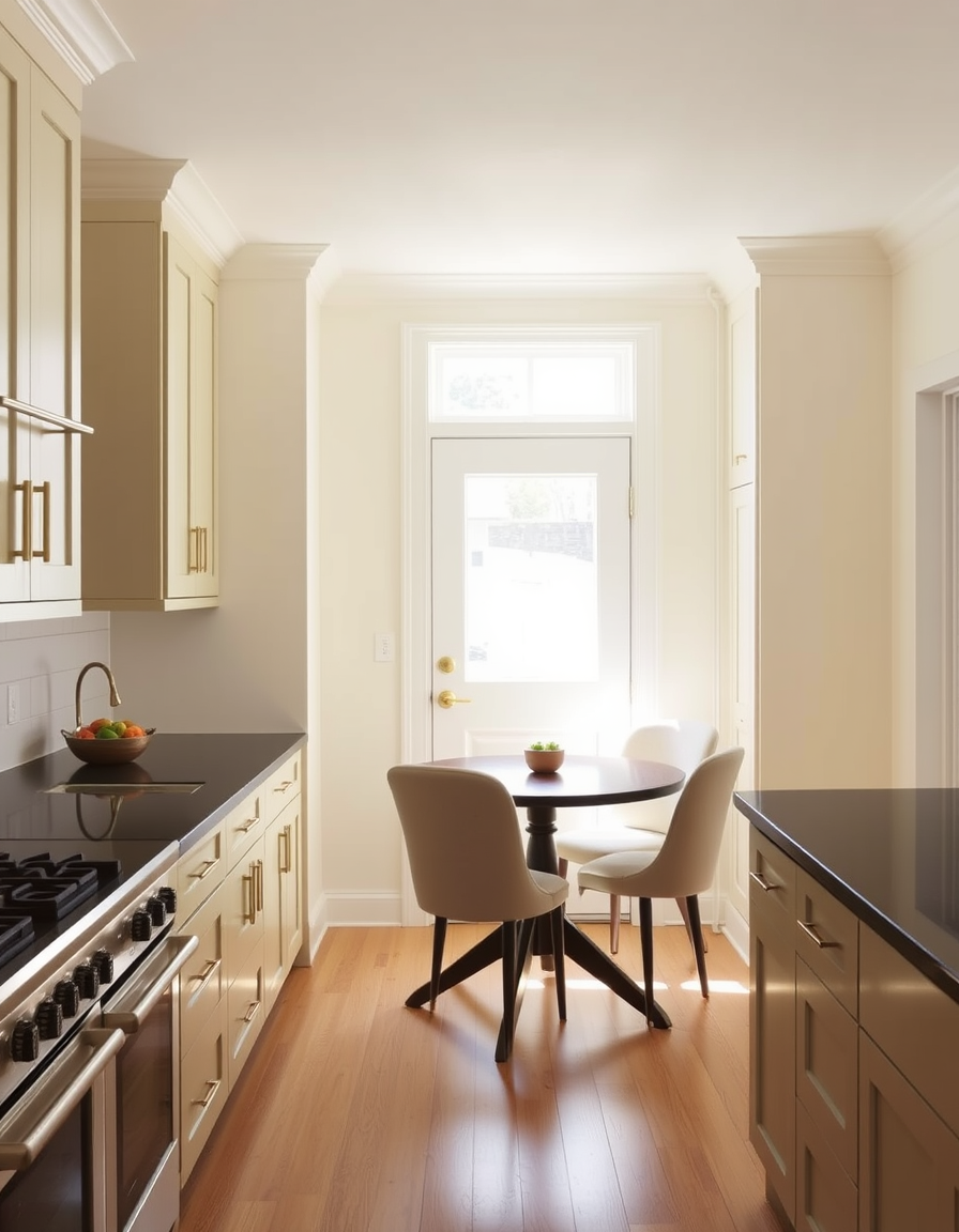 Main painting studio: Design a kitchen. The only light source comes from sunlight coming from back door. Warm creamy white walls. Kitchen cabinets painted mistle toe color 