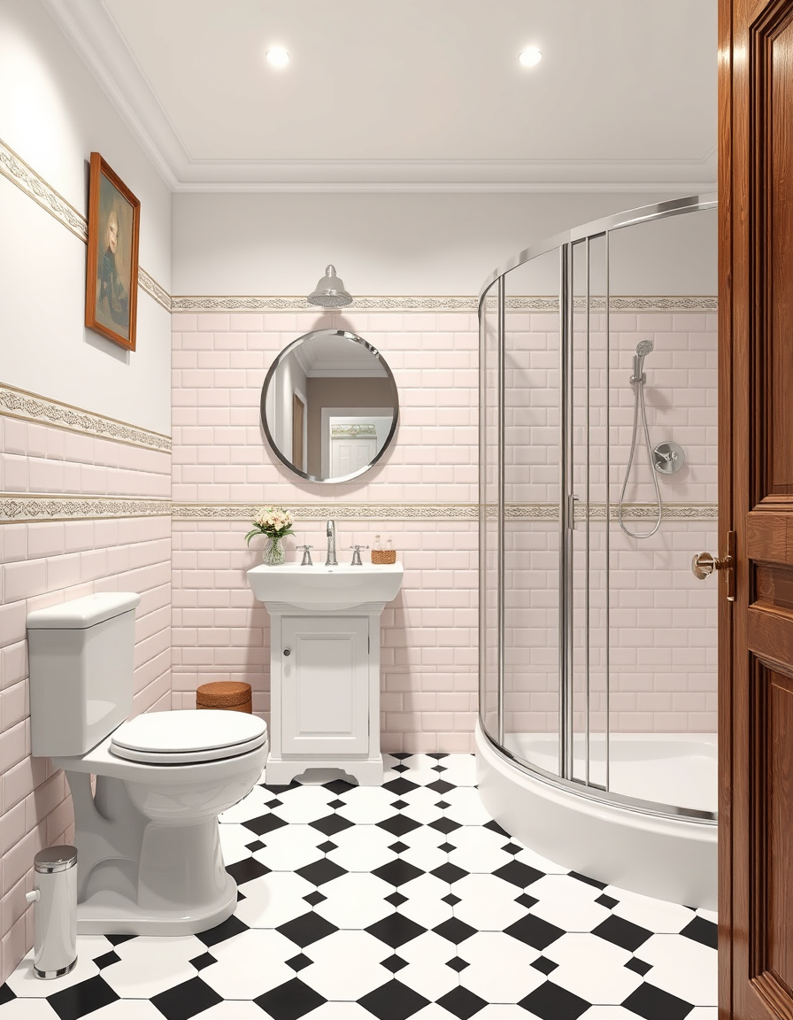 Bathroom Design idea: AI bathroom design, tiled surfaces vanity and fixtures, photorealistic interior render, small bathroom with a toilet on the left as you look, then fac