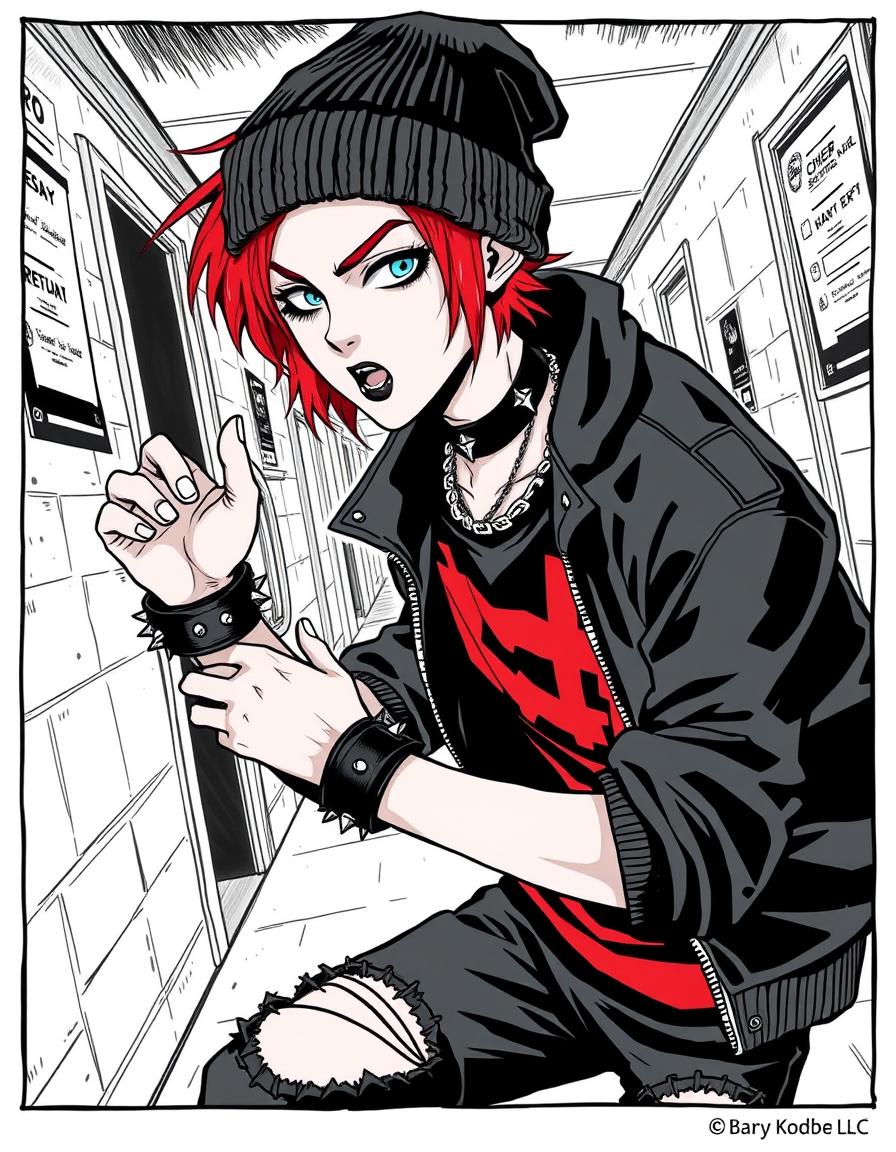 Comic Art idea: comic art, bold ink lines, halftone shading, dynamic composition, Star: A red/short/emo-haired and bright blue-eyed male wearing a black beanie, black