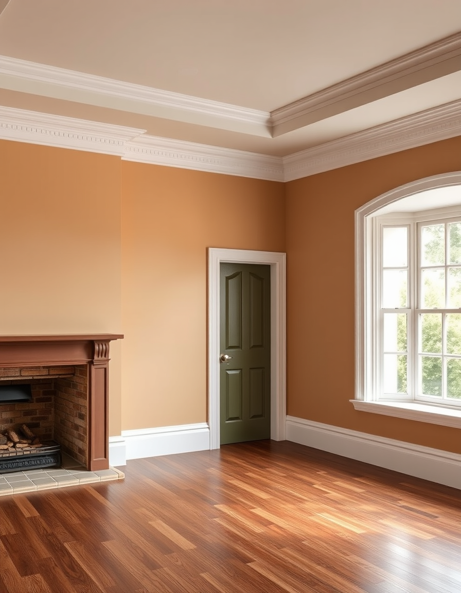 Paint Color idea: room repainted in a new wall color from the photo, accurate paint finish, photorealistic interior render, A room with fireplace on one wall, opposite