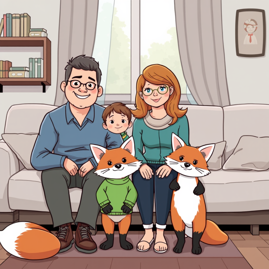 Main painting studio: Das ist Familie Fuchs. Zu Familie Fuchs gehören: Papa Tom (41), Mama Britta (43) und Jonas (8) und Hase Keks (2) - Sie wohnen in einer 4-Zimmer-Wohnun