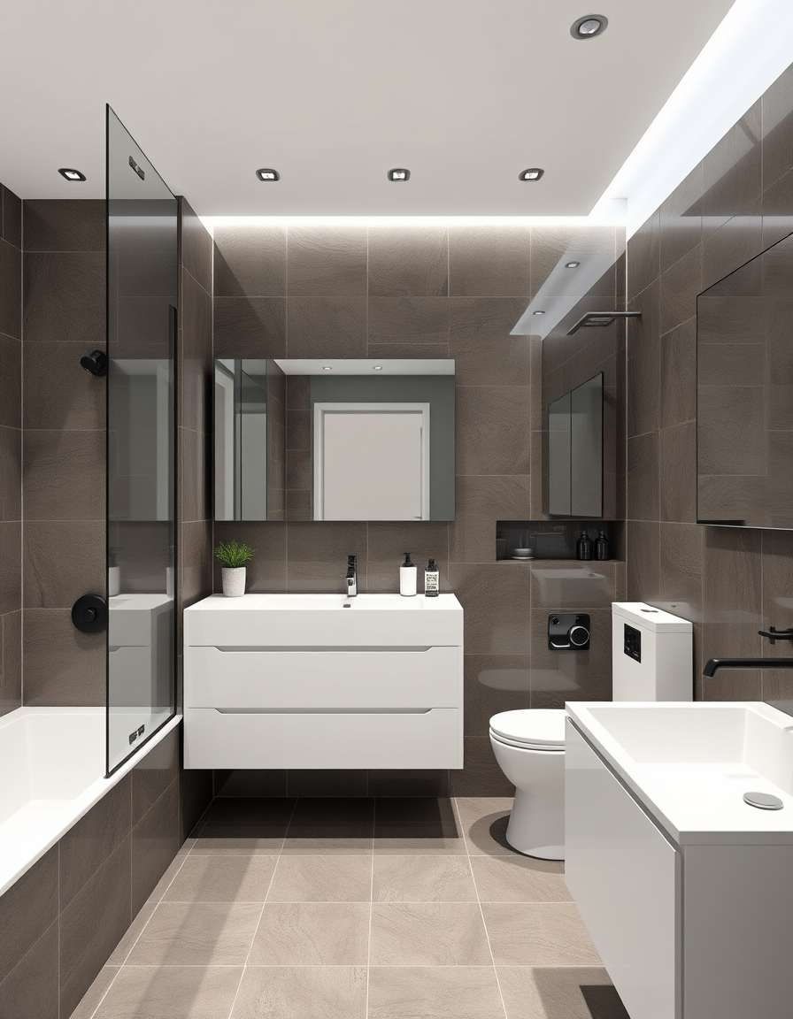 Bathroom Design idea: AI bathroom design, tiled surfaces vanity and fixtures, photorealistic interior render, Zrob projekt łazienki malej wymiary 2x4m drzwi w dluzszej scia