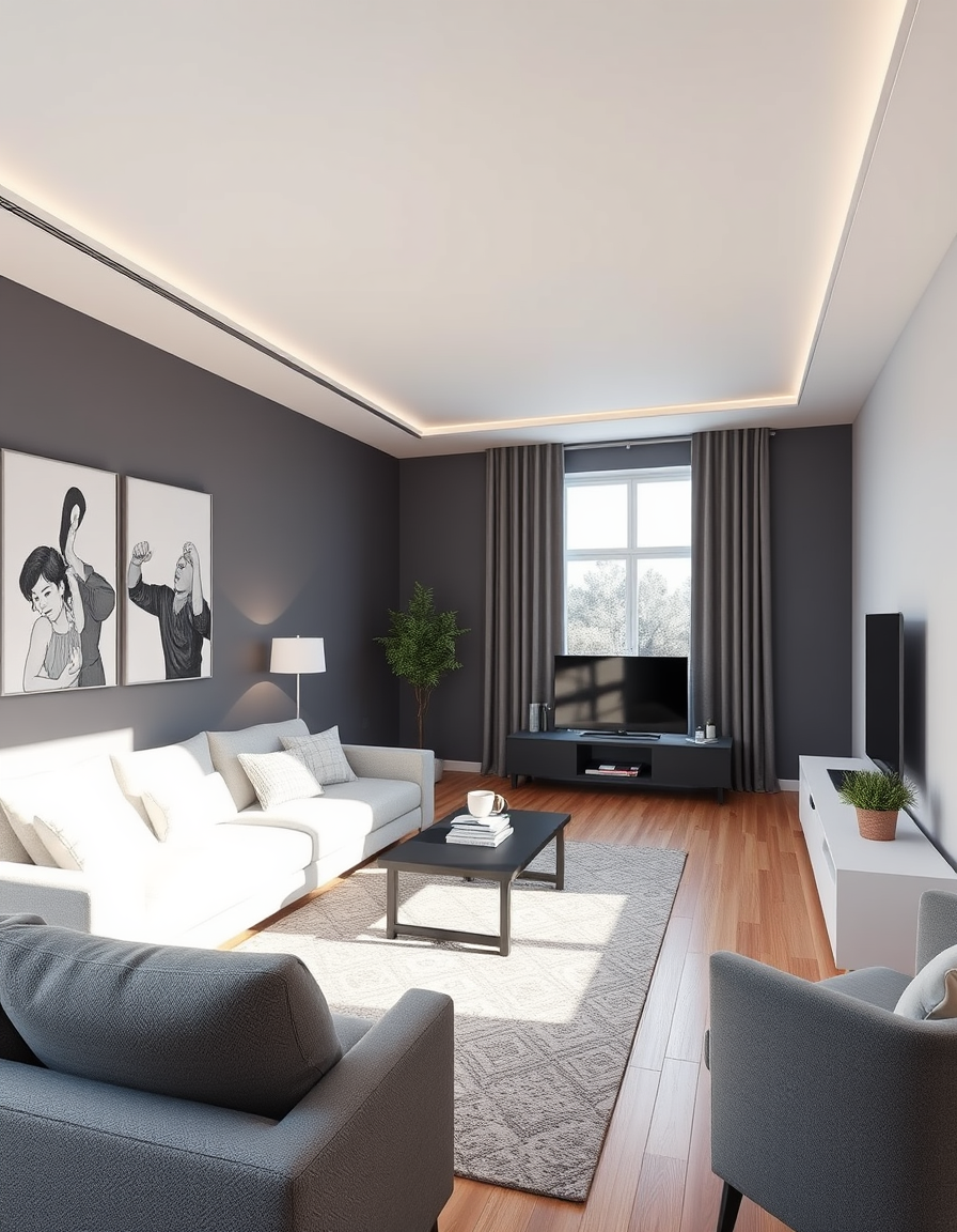 Room Design idea: AI room design, full room layout furniture and lighting, photorealistic interior render, ein Raum; in der Ansicht 7 m breit und 3,5 m tief und Deckenh