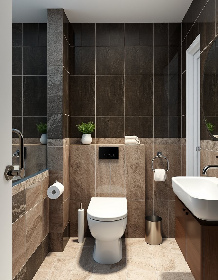 Bathroom Design idea: AI bathroom design, tiled surfaces vanity and fixtures, photorealistic interior render, une salle de douche avec un wc suspendu et une vasque , bathro