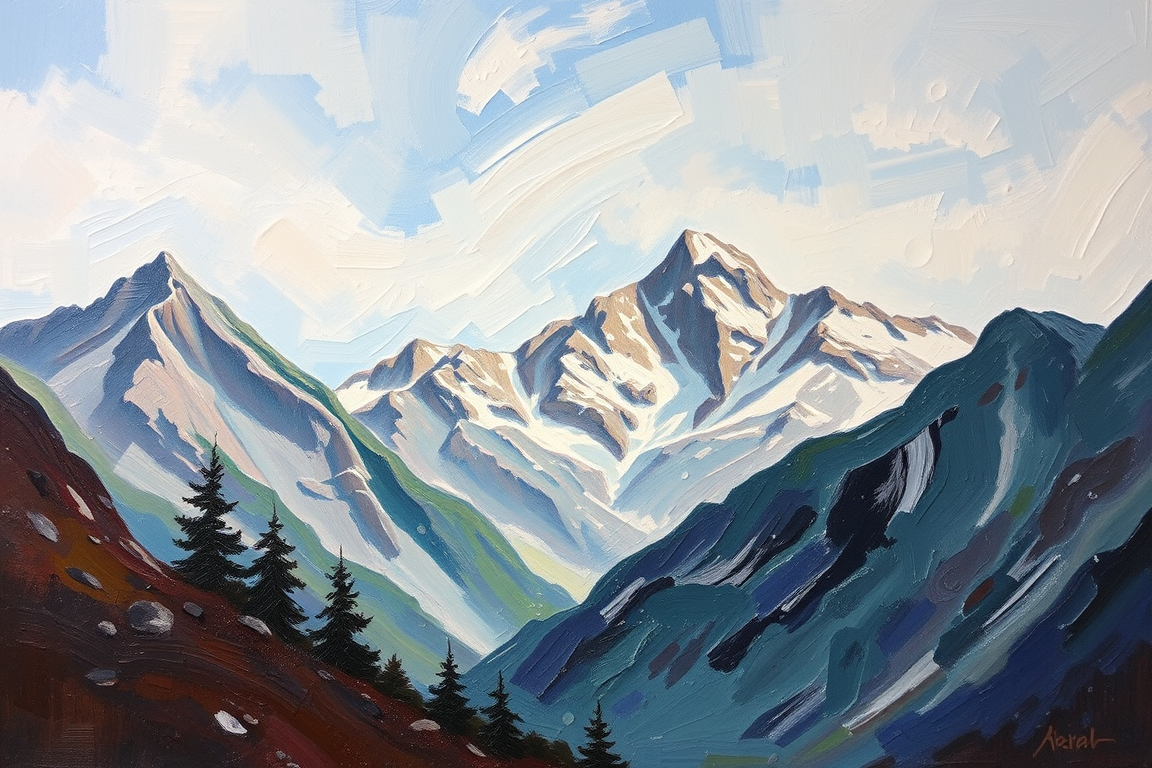 Oil Paintings idea: oil painting style, rich textures, brushstrokes, impasto technique, Mountain , classical oil painting, museum quality