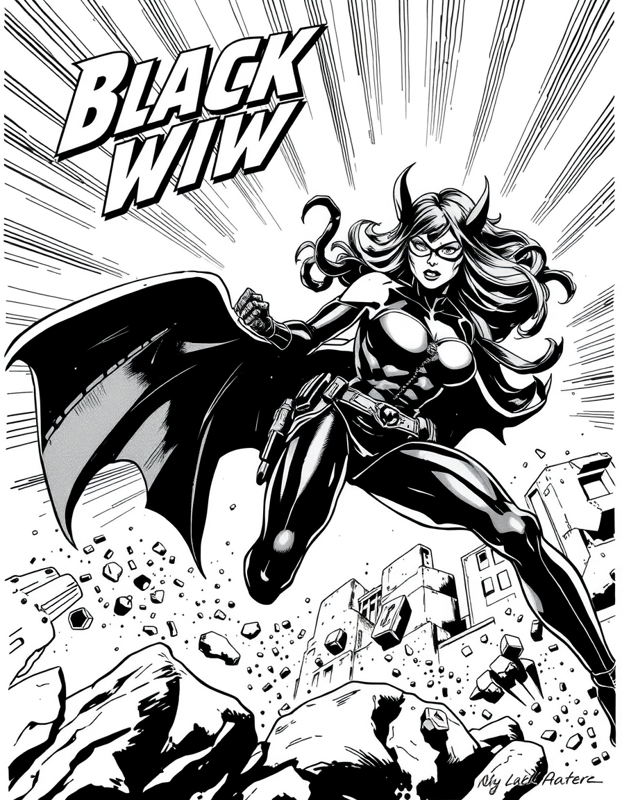 Comic Art idea: comic art, bold ink lines, halftone shading, dynamic composition, Black widow midway in the act of her ankle twisting , graphic novel illustration, co