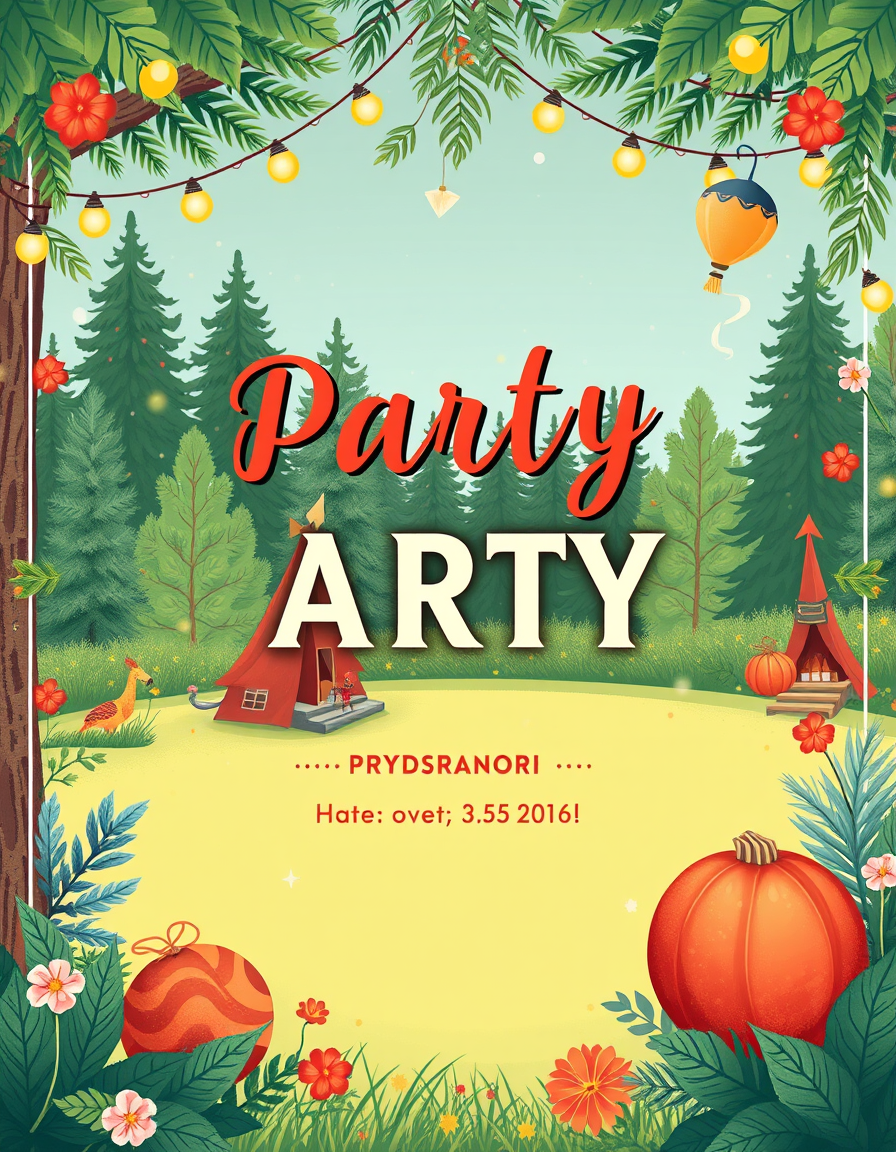Invitation idea: party invitation design, festive layout, decorative border, space for event details, zaproszenie na przyjęcie w ogrodzie z ilustracjami przedstawiając