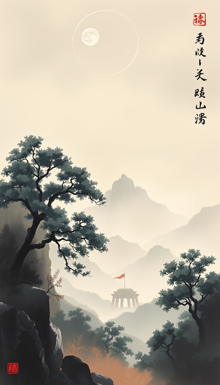 Landscape idea: painted landscape, atmospheric perspective, hand-brushed sky and foliage, gallery composition, 一幅宏大的中国传统水墨工笔长卷画，完全使用古老的水墨和大地色调渲染。 , painted-landscape 