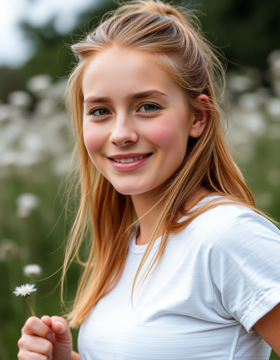 Main painting studio: sportliches mädchen mit langen haaren auf blumenwiese. sie treibt sport