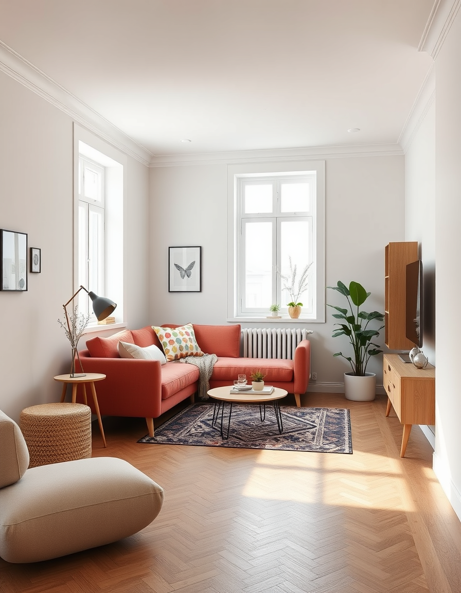 Virtual Staging idea: virtually staged empty room from the photo, tasteful furniture and decor added, photorealistic interior render, a bare studio apartment staged with a