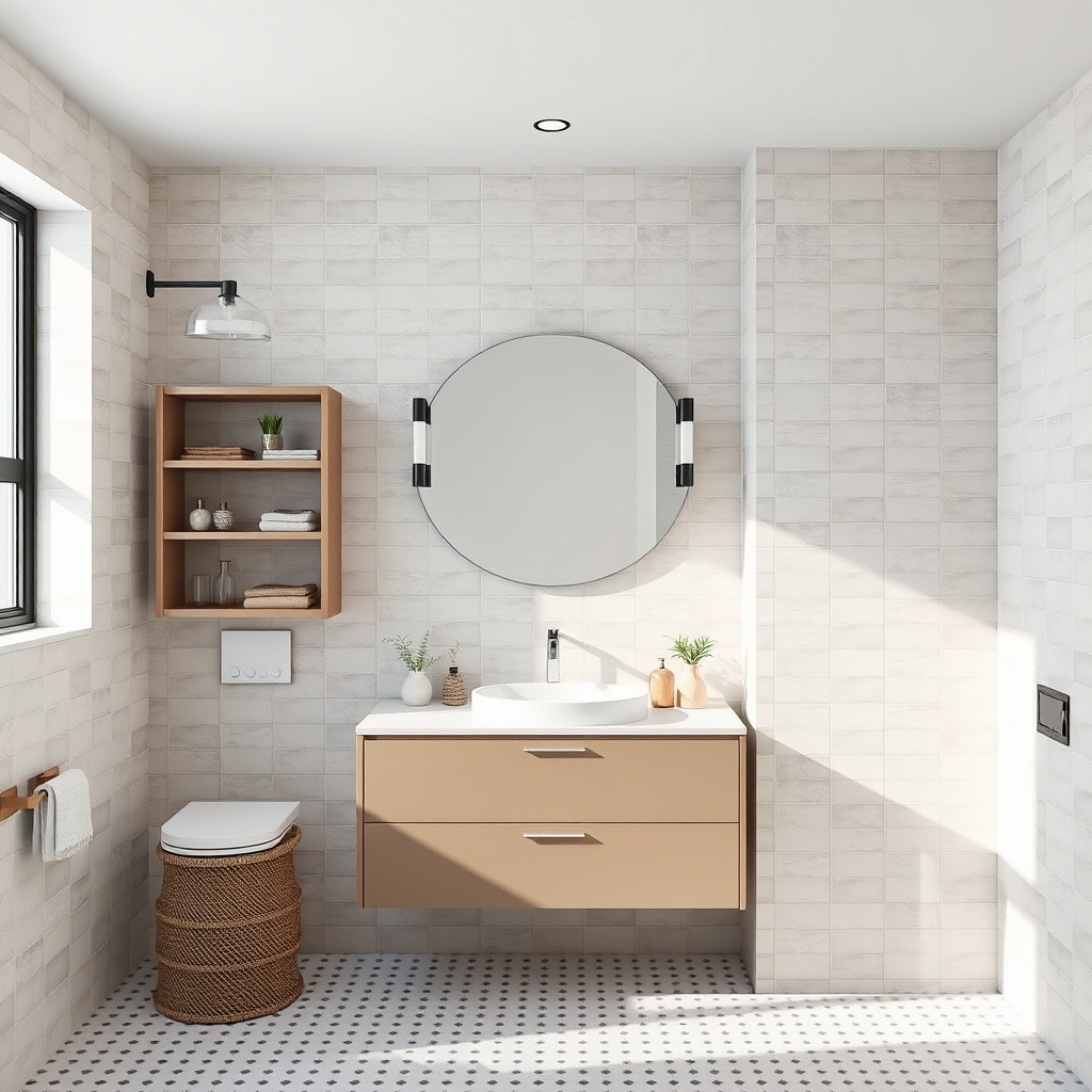 Bathroom Design idea: AI bathroom design, tiled surfaces vanity and fixtures, photorealistic interior render, Weisse fliesen wand grösse 250 cm x 350 cm raum , bathroom rem