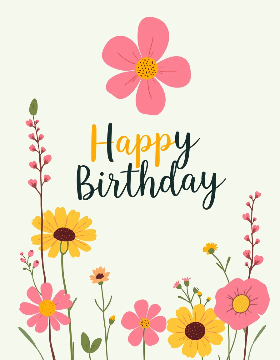 Birthday Card idea created from the prompt: birthday card design, cheerful festive artwork, space for greeting, hand-lettered happy birthday with wildflowers, cottagecore aesthetic , p