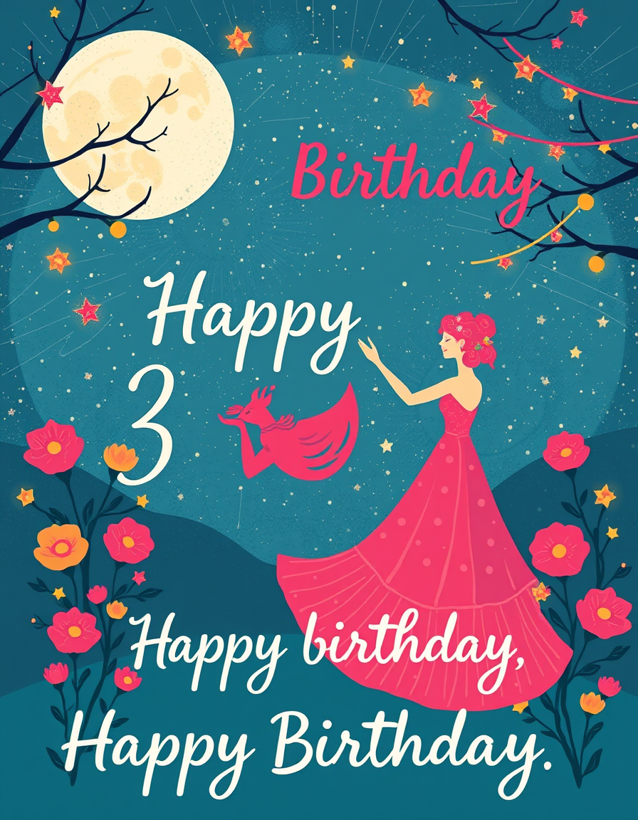 Birthday Cards idea: birthday card design, cheerful festive artwork, space for greeting, A birthday card wishing the most beautiful woman a happy birthday as we dance unde