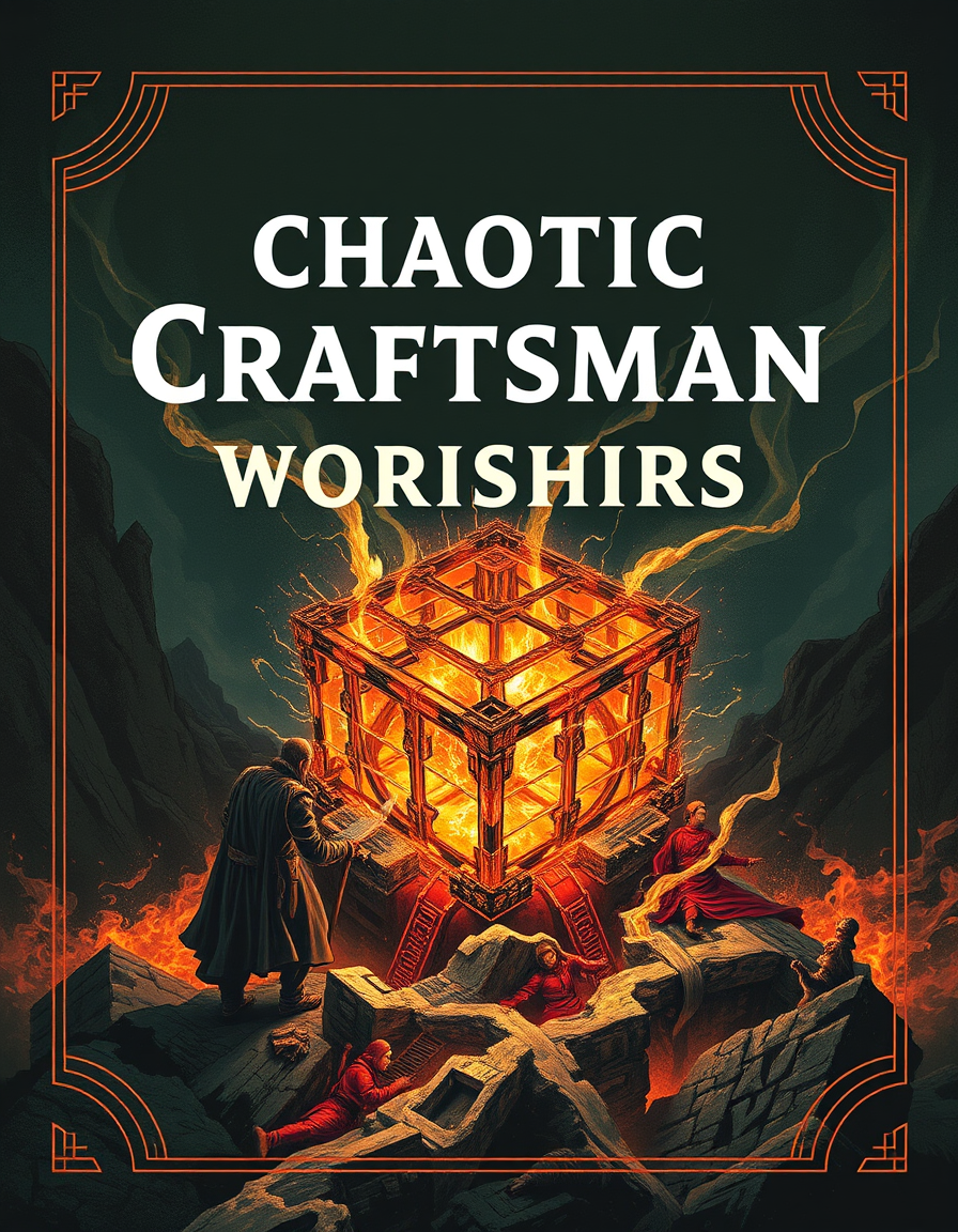Book Covers idea: book cover composition, vertical 2:3 format, title-ready negative space at top, evocative subject, Chaotic Craftsman Worships The Cube , print-ready b