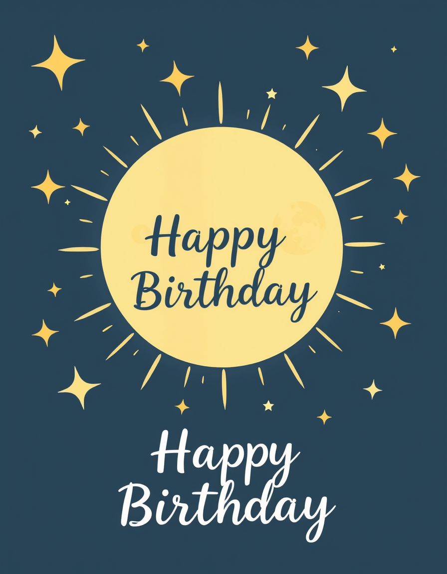 Birthday Cards idea: birthday card design, cheerful festive artwork, space for greeting, Sternenhimmel mit Glitzer und einem großen leuchtenden Mond , printable birthday c