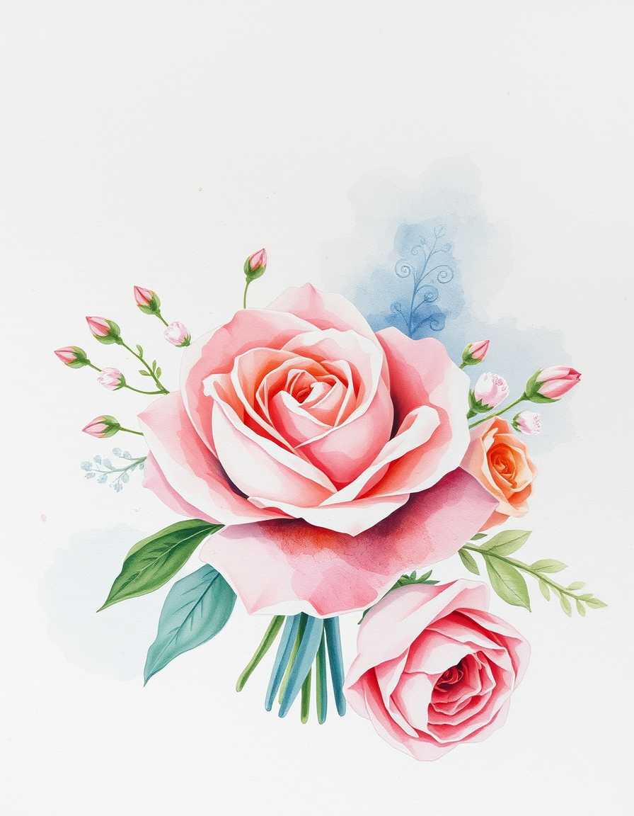 Picture Into Watercolor idea: turn picture into watercolor, transparent washes, paper texture, soft pigment edges, Un bouquet di nozze trasformato in acquerello trasparente, rose a