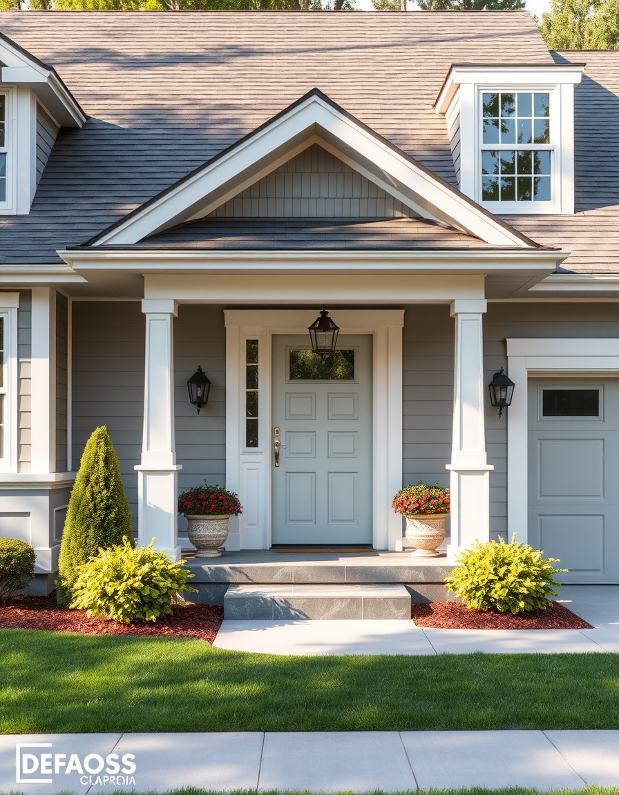 Exterior Paint idea: home exterior paint visualization, preserve architecture and landscaping, recolor siding trim and front door, Ranch style exterior with front door and