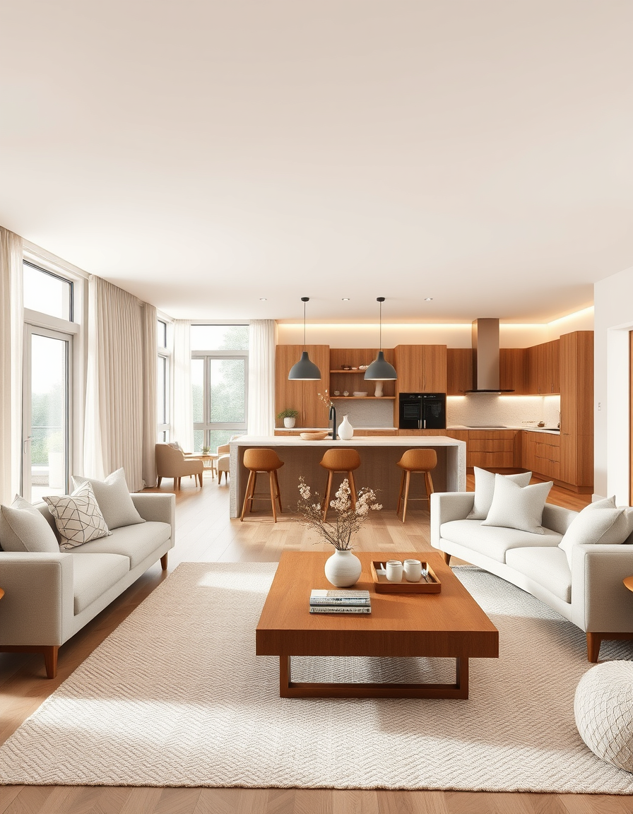 Main painting studio: Photorealistic open-plan living room and kitchen in a warm, natural style. Soft beige, cream and ivory tones, natural oak wood, a cozy linen sofa, tex