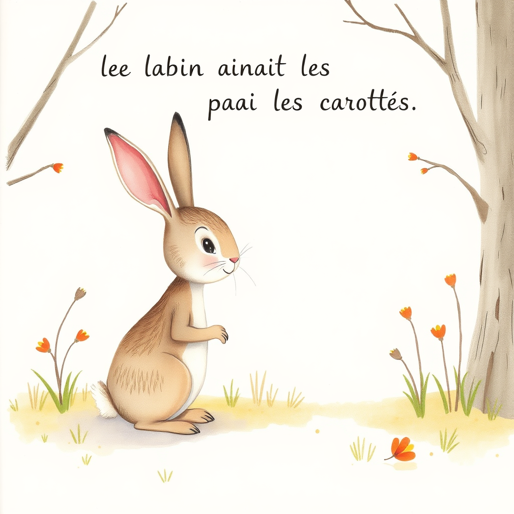 Storybook Illustrations idea: storybook illustration, warm narrative scene, hand-drawn feel, soft palette, Le lapin qui aimait pas les carottes , children's book illustration, page