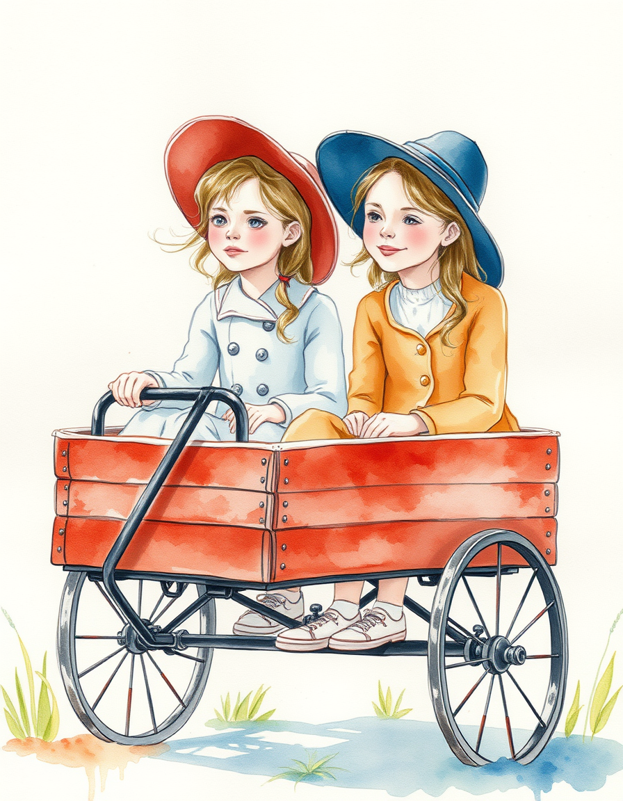 Picture Into Watercolor idea: turn picture into watercolor, transparent washes, paper texture, soft pigment edges, Zwei Mädchen in einem Bollerwagen, den zwei Jungen ziehen , delic
