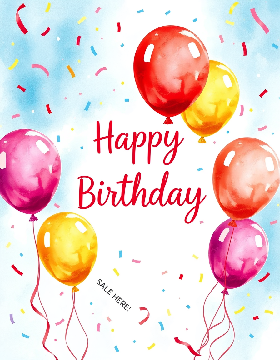 Birthday Card idea created from the prompt: birthday card design, cheerful festive artwork, space for greeting, colorful balloons and confetti, watercolor style, bright and festive , p
