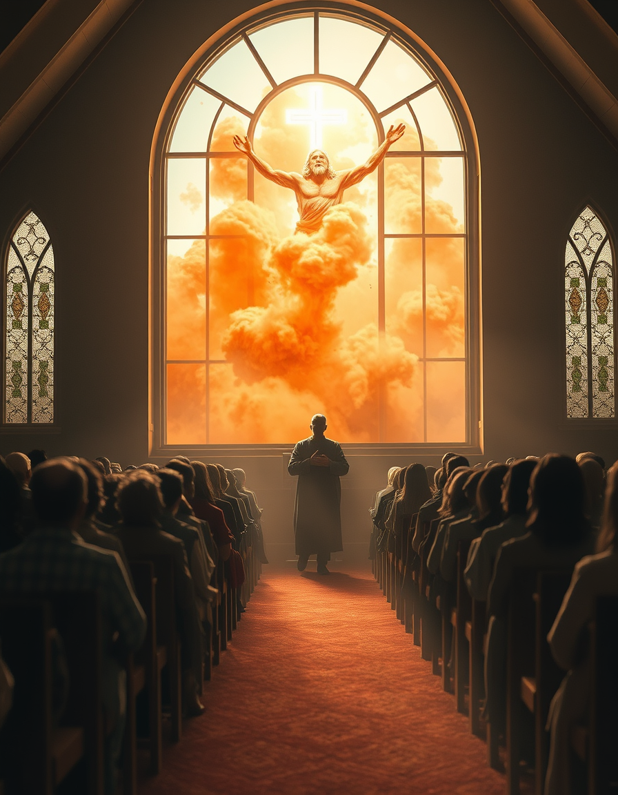 Main painting studio: create a church scene inside the church the preacher and everyone is frozen in time in their places, theres a big wide window at the back of the churc