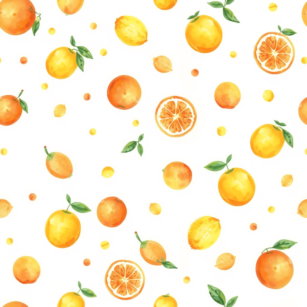 Watercolor idea: watercolor painting, soft transparent washes, wet-on-wet bleeds, paper texture visible, Tiny watercolor citrus pattern, miniature oranges, lemons and 