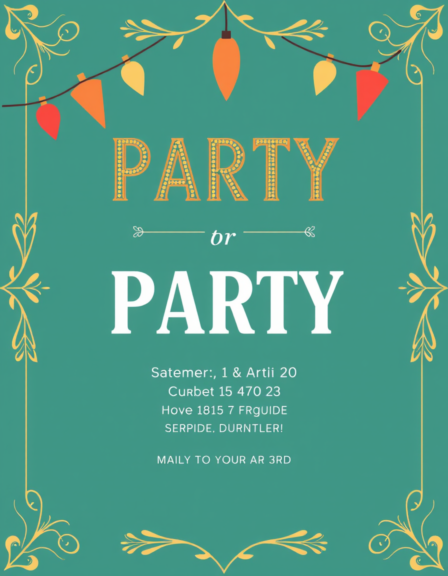 Invitation idea: party invitation design, festive layout, decorative border, space for event details, enhance this and create a digital invitation and Save the Date or