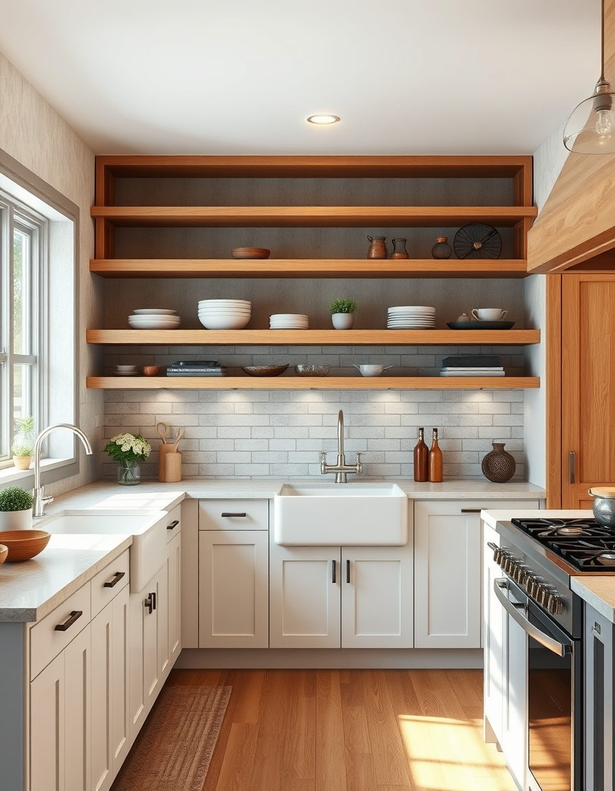 Kitchen Design idea: AI kitchen design, modern cabinetry countertops and lighting, photorealistic interior render, a farmhouse kitchen with open shelving, apron front sink