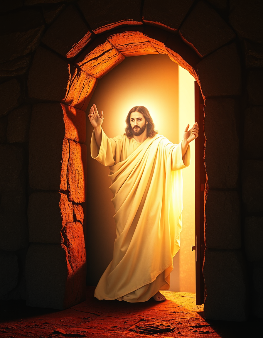 Main painting studio: create the moment of resurrection of Jesus christ with a light so strong and so bright coming from the shroud that it bursts the stone door out and ma