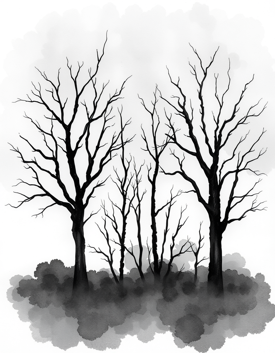 Main painting studio: Black-and-white watercolor of trees with no leaves