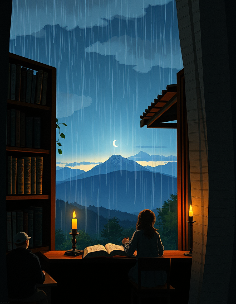 Main painting studio: Era noite, e Lucian observava pela janela a chuva cair impiedosamente sobre as montanhas. Mais adiante, grandes árvores rangiam ao sabor dos ventos. A
