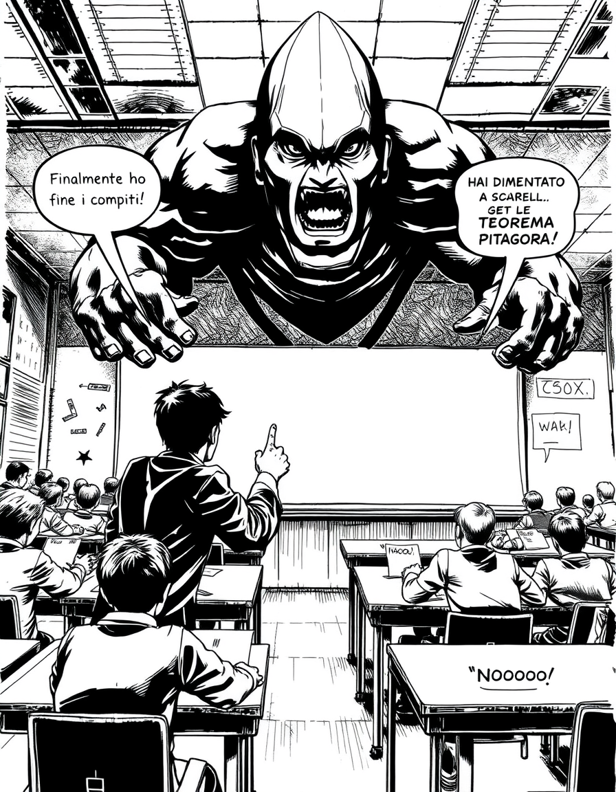 Comic Art idea: comic art, bold ink lines, halftone shading, dynamic composition, Siamo in una classe di una scuola: 🎒 Studente: «Finalmente ho finito i compiti!» 👹