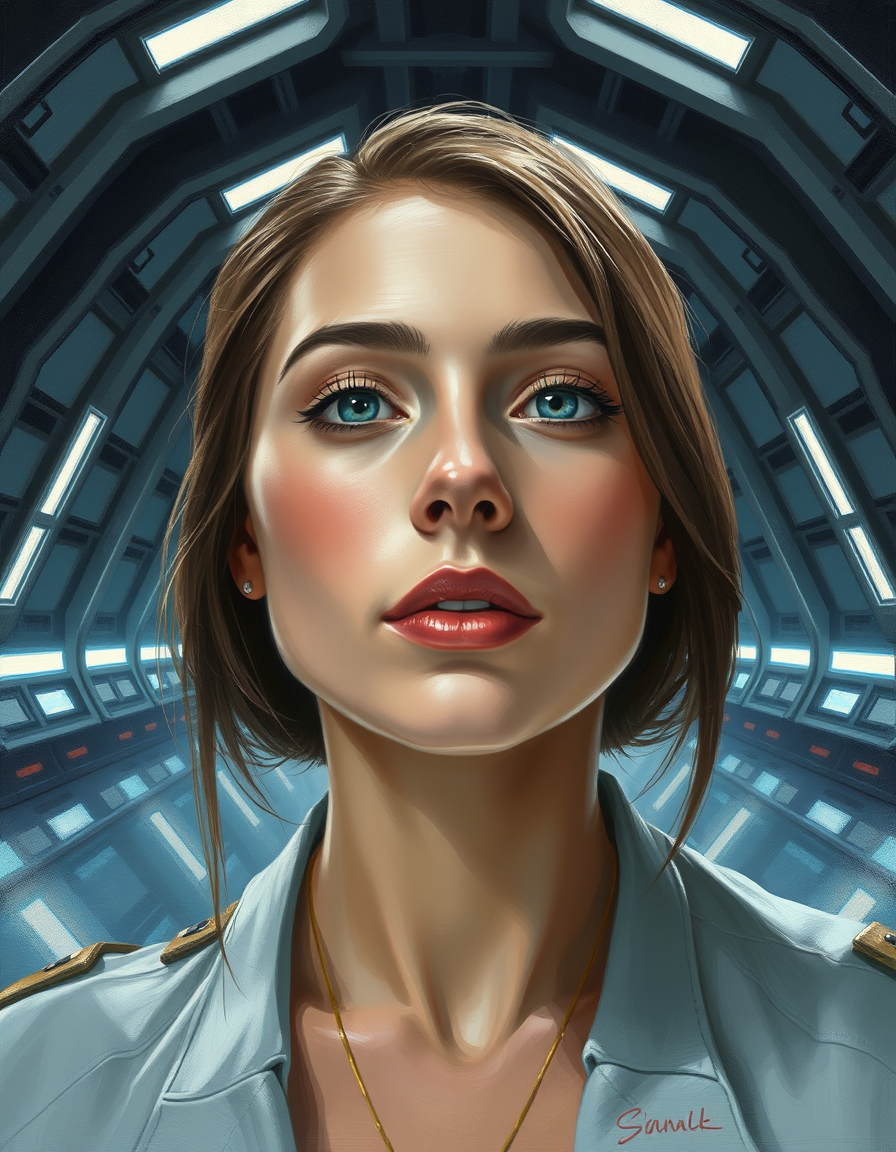 Portrait Into Paintings idea: painted portrait from photo, preserve face identity, flattering painterly lighting, Paint me inside a very big mega futuristic dark building with the 