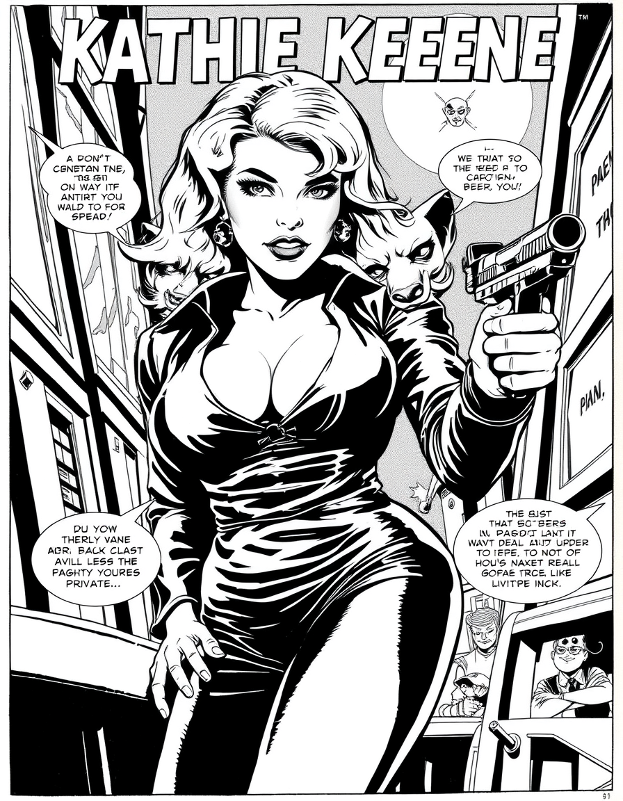 Comic Art idea: comic art, bold ink lines, halftone shading, dynamic composition, Splash page titled KATHIE KEENE Private Eye. comic art, bold ink lines, halftone sha