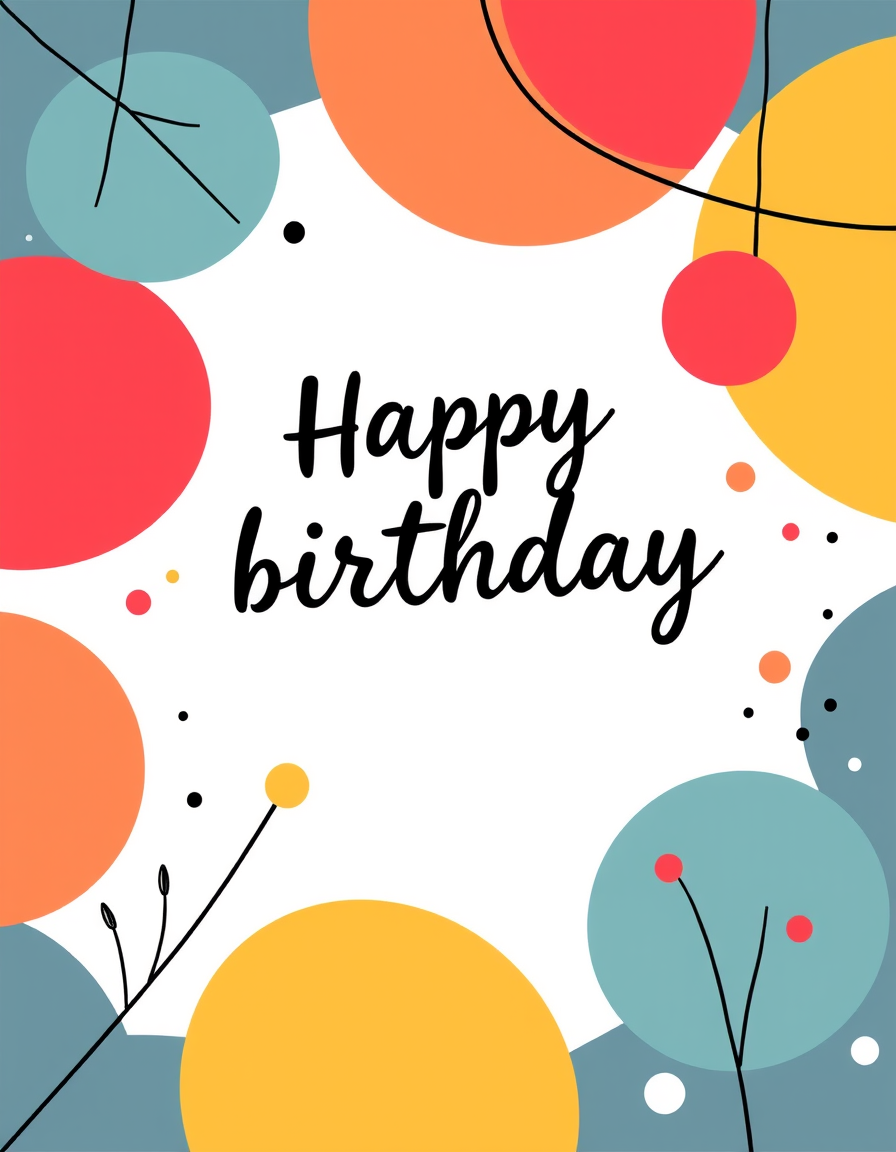 Birthday Cards idea: birthday card design, cheerful festive artwork, space for greeting, kräftige geometrische Formen in Regenbogenfarben, modern minimalistisch , printabl