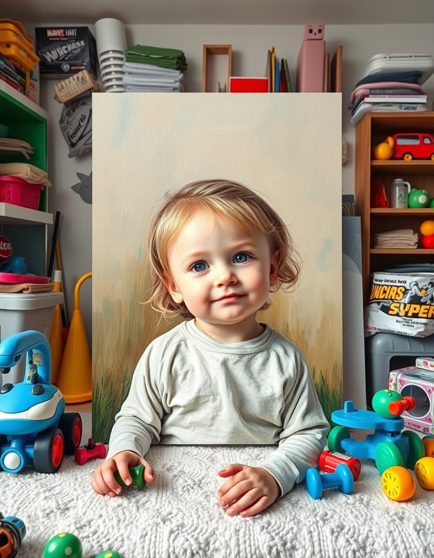 Wall Art idea: print-oriented artwork composed for a chosen room, frame ratio, and viewing distance, deliberate composition, background of a messy room with kids toy