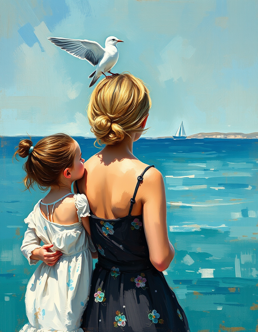 Photo To Paintings idea: painting from the photo, rich brushstrokes, painterly texture, femme tenant par la main une petite fille toute deux regardant la mer et une mouette su